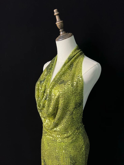 Robe de soirée longue sirène verte à paillettes et dos nu J6726