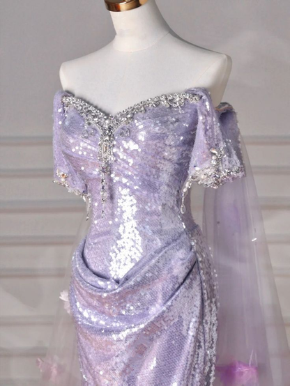 Glitzerndes lila Pailletten-Meerjungfrauen-Schlitz-Abendkleid, schulterfrei, Perlen, Ballkleid J6727