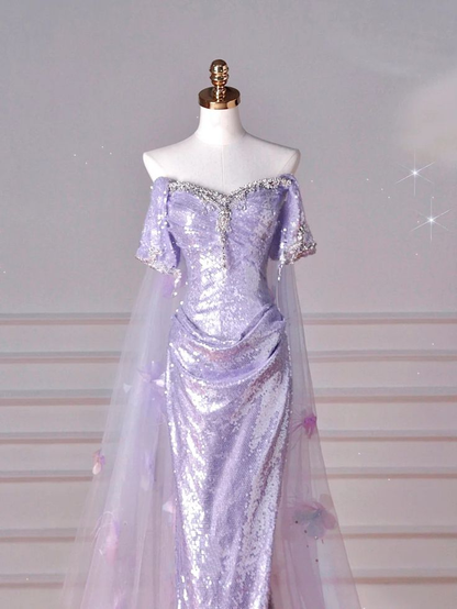Glitzerndes lila Pailletten-Meerjungfrauen-Schlitz-Abendkleid, schulterfrei, Perlen, Ballkleid J6727