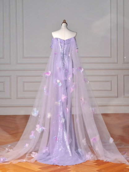 Glitzerndes lila Pailletten-Meerjungfrauen-Schlitz-Abendkleid, schulterfrei, Perlen, Ballkleid J6727
