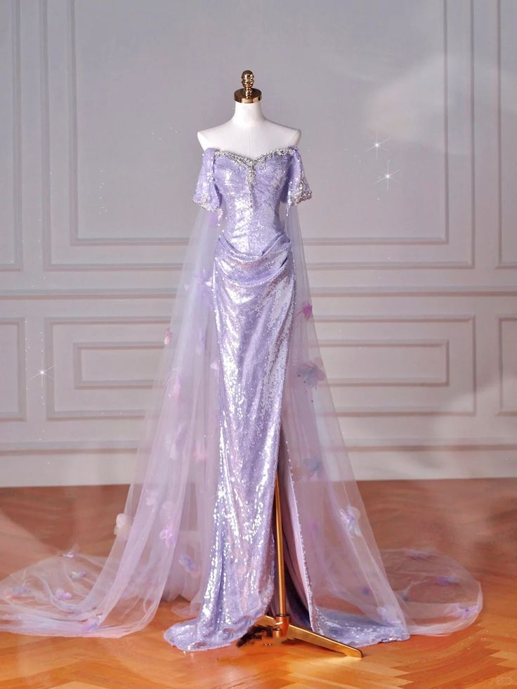 Glitzerndes lila Pailletten-Meerjungfrauen-Schlitz-Abendkleid, schulterfrei, Perlen, Ballkleid J6727