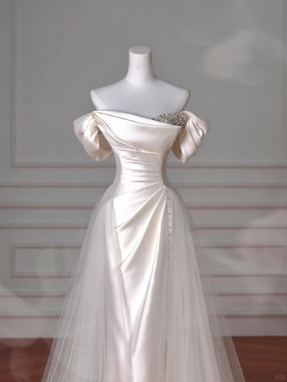 Elegant Off The Shoulder Satin Beaded Mermaid Evening Dress J6728