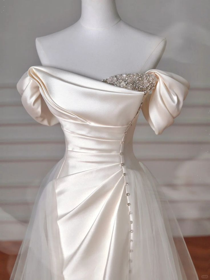Elegant Off The Shoulder Satin Beaded Mermaid Evening Dress J6728