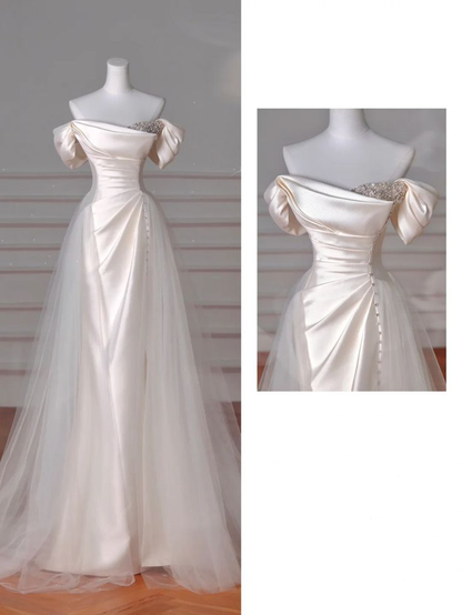 Elegant Off The Shoulder Satin Beaded Mermaid Evening Dress J6728