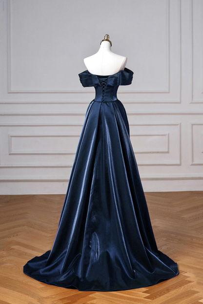 Robe de bal longue en satin bleu marine, élégante, épaules dénudées, J6729