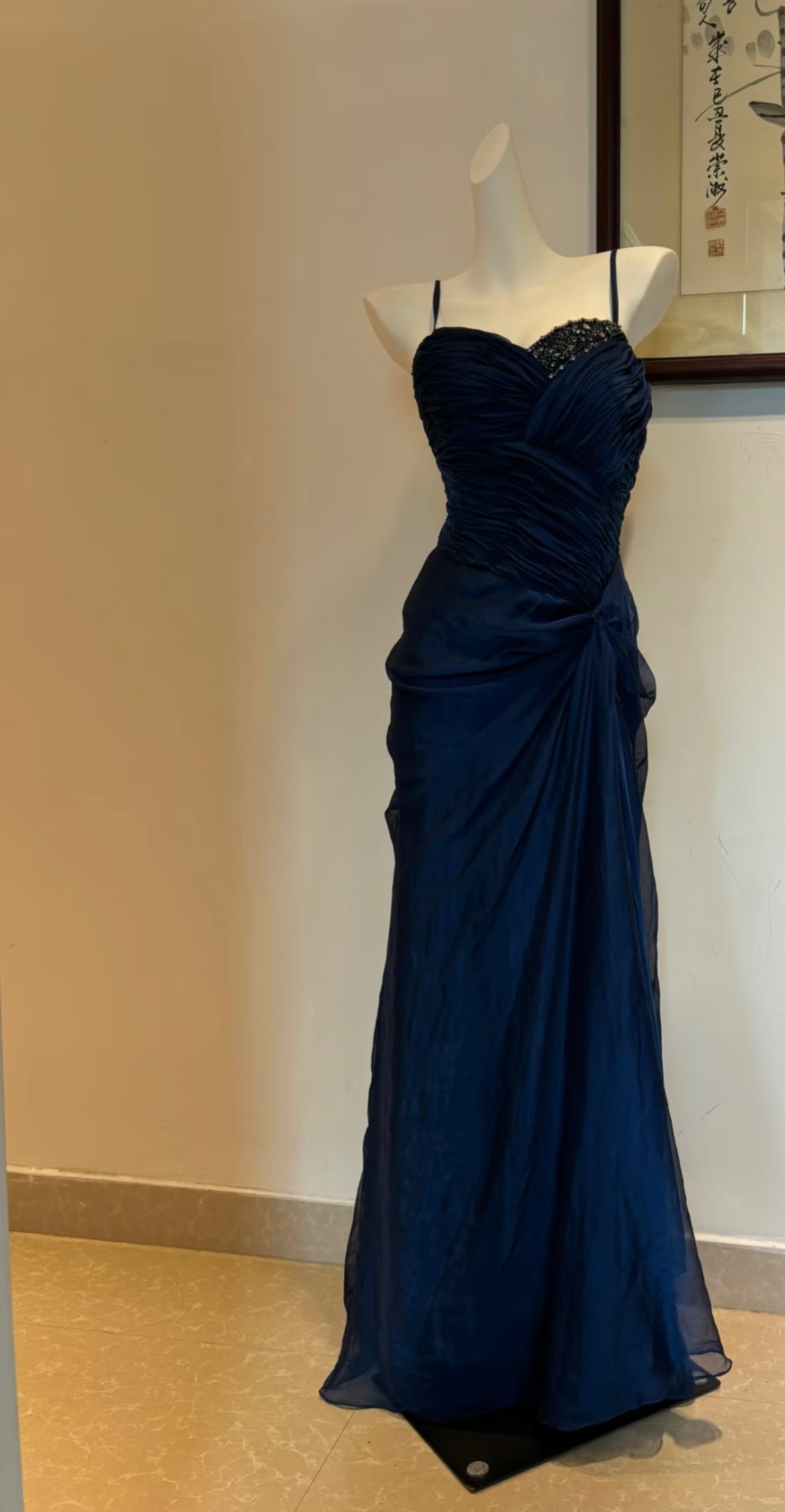 Spaghetti Straps Navy Blue Long Prom Dress Beaded Evening Dress J8001