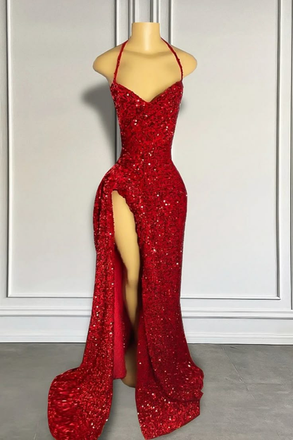 Rotes Pailletten-Ballkleid mit Schlitz, funkelndes Partykleid J6736