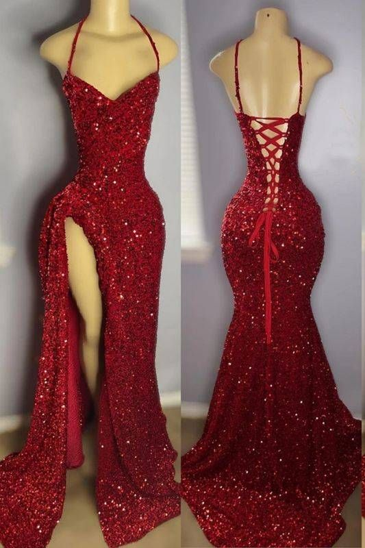 Rotes Pailletten-Ballkleid mit Schlitz, funkelndes Partykleid J6736