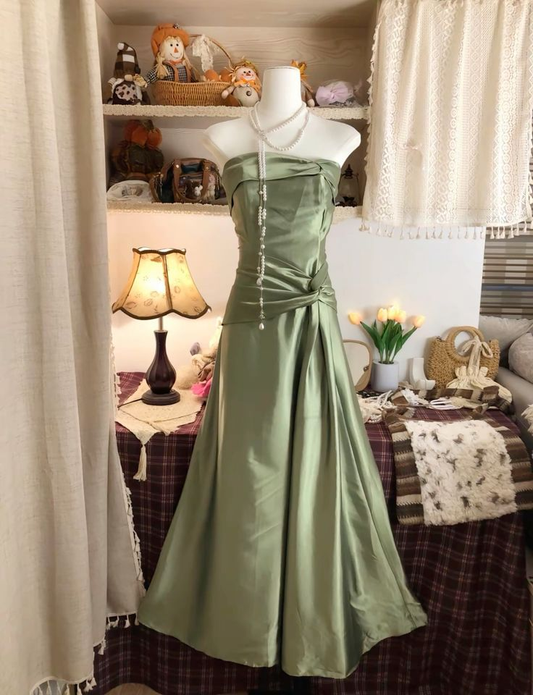 Trägerloses A-Linien-Ballkleid in Grün aus Satin, formelles Abendkleid J6740