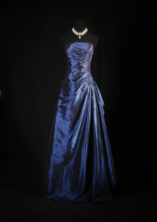Ballkleid Trägerlos Marineblau Satin Langes Ballkleid Perlen Partykleid J6746