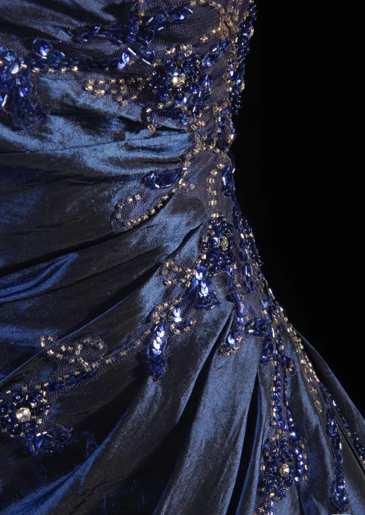 Ball Gown Strapless Navy Blue Satin Long Prom Dresses Beaded Party Dress J6746