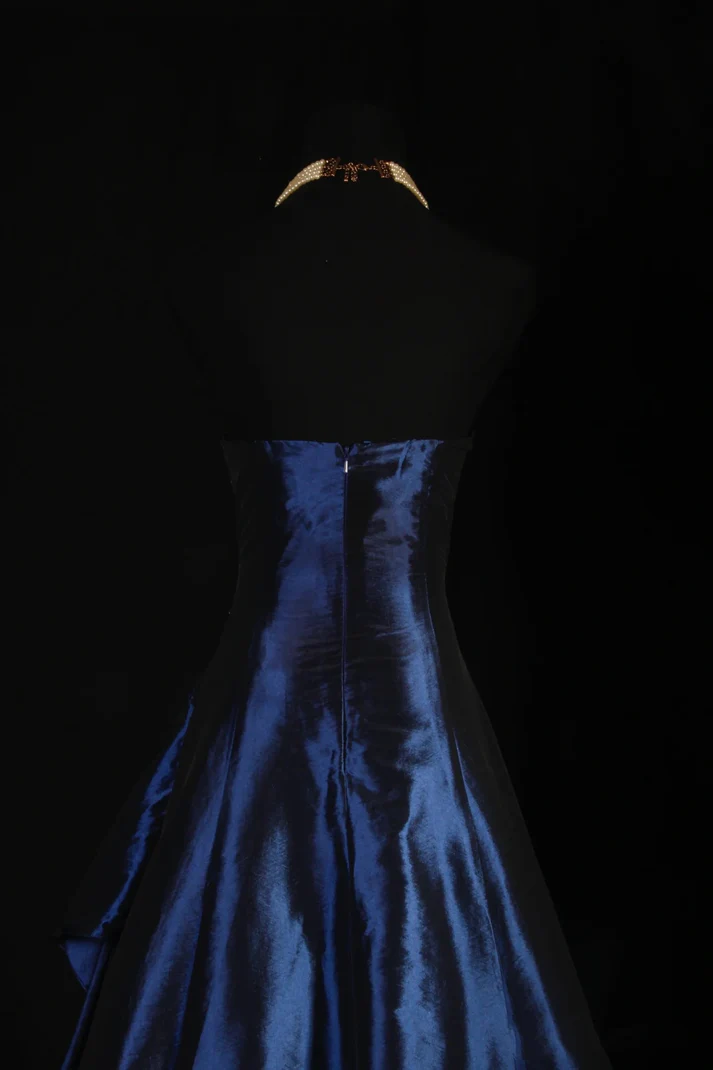 Ball Gown Strapless Navy Blue Satin Long Prom Dresses Beaded Party Dress J6746