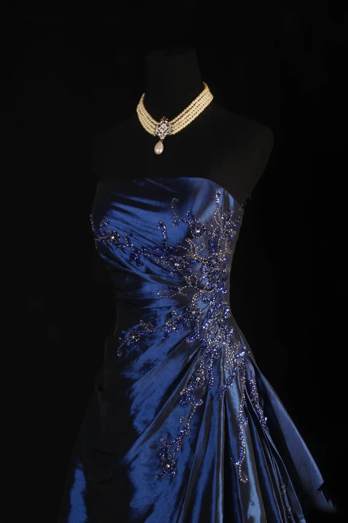 Ball Gown Strapless Navy Blue Satin Long Prom Dresses Beaded Party Dress J6746