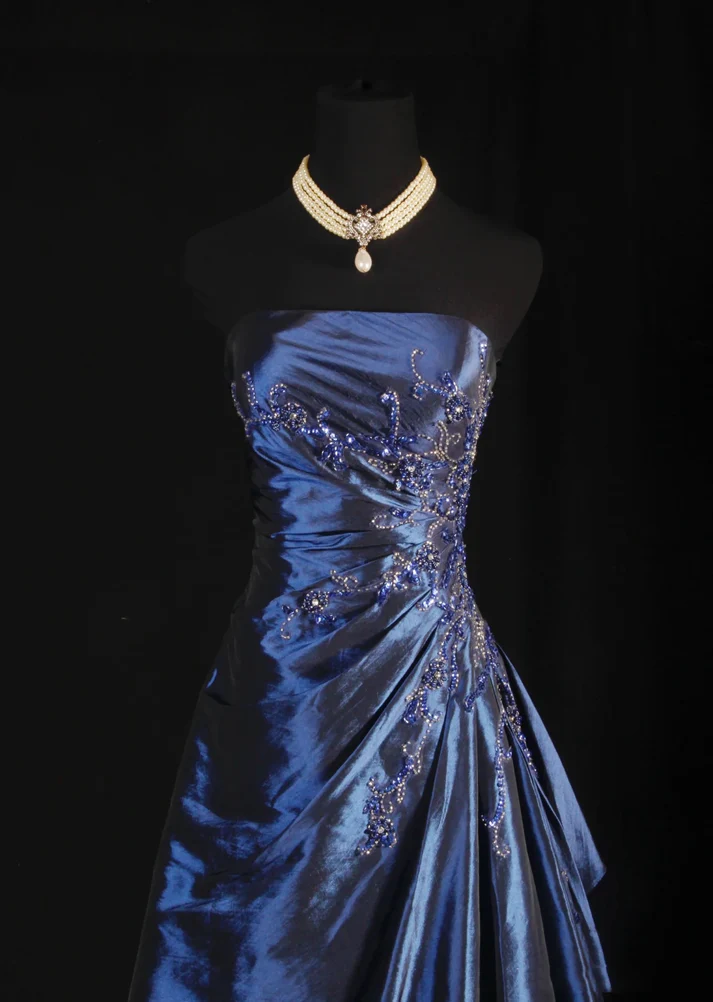 Ball Gown Strapless Navy Blue Satin Long Prom Dresses Beaded Party Dress J6746