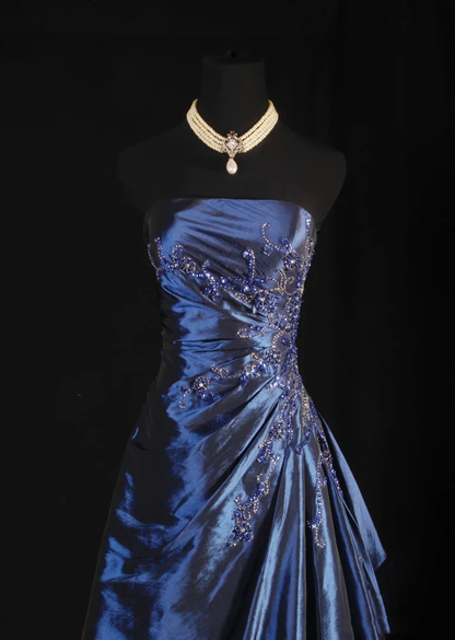 Ball Gown Strapless Navy Blue Satin Long Prom Dresses Beaded Party Dress J6746