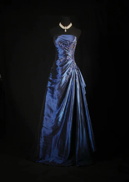 Ball Gown Strapless Navy Blue Satin Long Prom Dresses Beaded Party Dress J6746