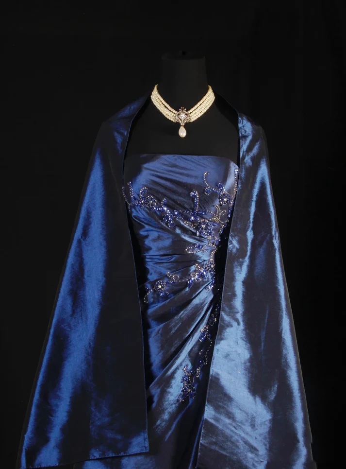 Ball Gown Strapless Navy Blue Satin Long Prom Dresses Beaded Party Dress J6746