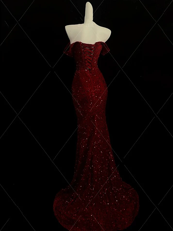 Off The Shoulder Mermaid Sequin Prom Dress Burgundy Evening Dress J6749