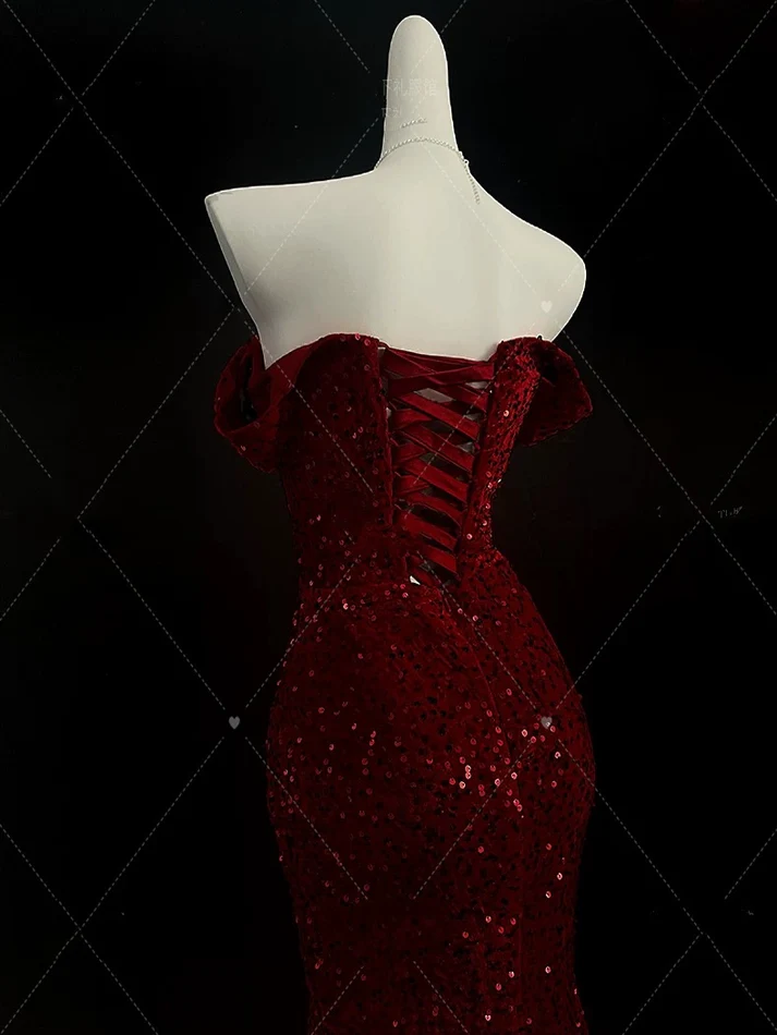 Off The Shoulder Mermaid Sequin Prom Dress Burgundy Evening Dress J6749