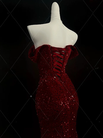 Off The Shoulder Mermaid Sequin Prom Dress Burgundy Evening Dress J6749