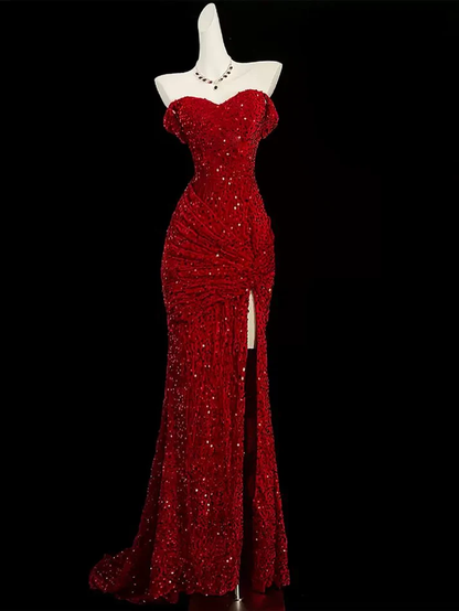 Off The Shoulder Mermaid Sequin Prom Dress Burgundy Evening Dress J6749
