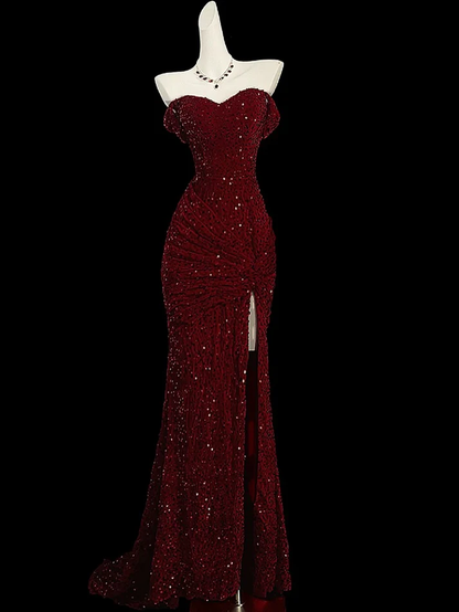 Off The Shoulder Mermaid Sequin Prom Dress Burgundy Evening Dress J6749