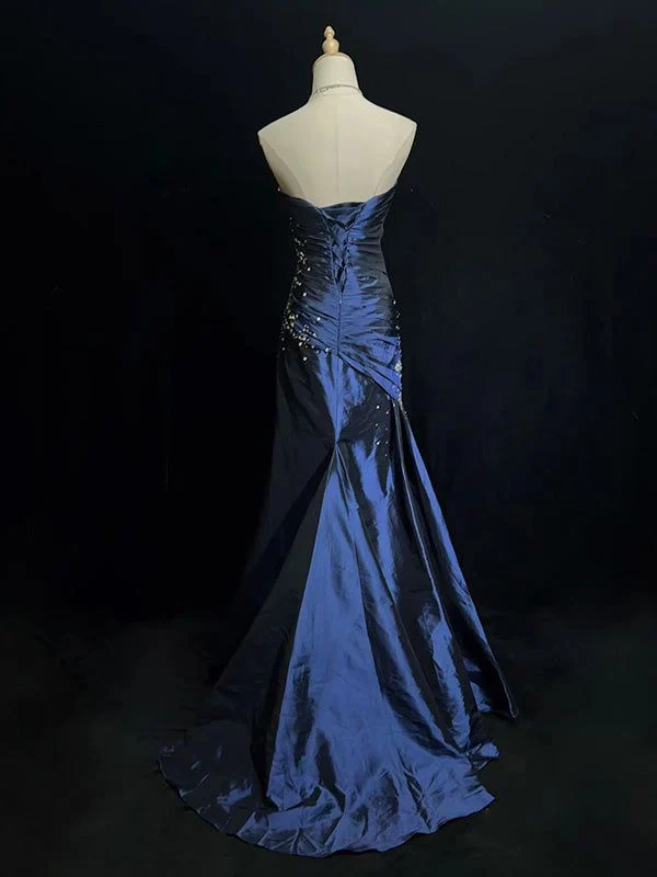 Vintage Sweetheart  Mermaid Satin Long Navy Blue Prom Dresses J6750