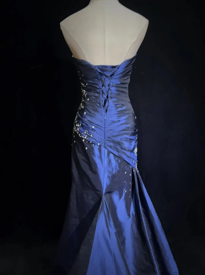 Vintage Sweetheart  Mermaid Satin Long Navy Blue Prom Dresses J6750