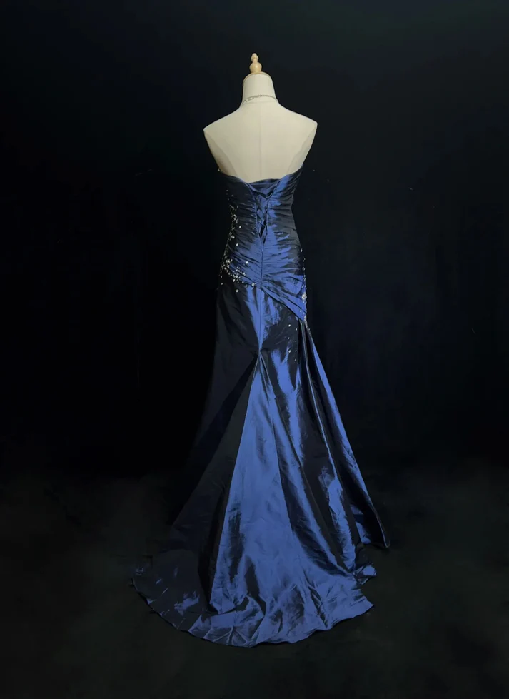 Vintage Sweetheart  Mermaid Satin Long Navy Blue Prom Dresses J6750