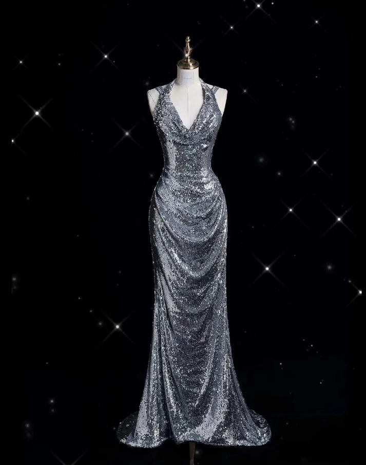 Meerjungfrau Neckholder Silber Pailletten Langes Abendkleid Sexy Ballkleider J6751