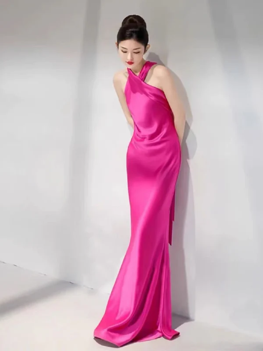 Robe de bal longue sirène en satin, robe d'invitée de mariage J6752