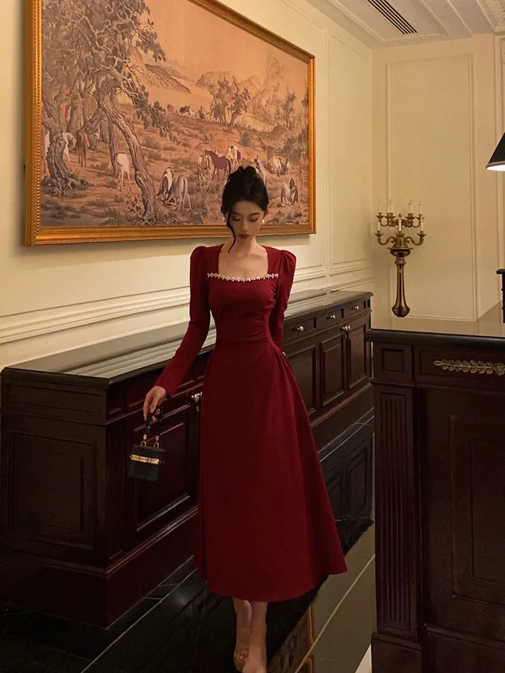 A line Square Neck Long Sleeves Red Evening Dresses Birthday Dress J6753