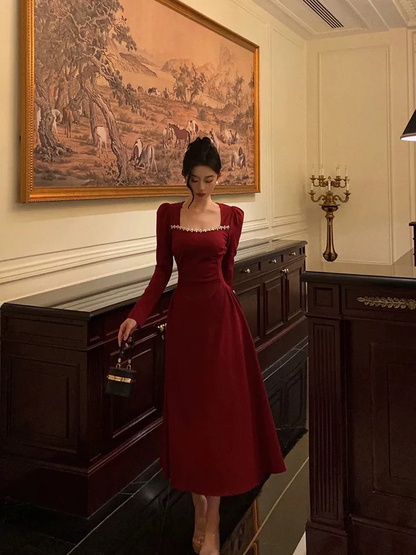 A line Square Neck Long Sleeves Red Evening Dresses Birthday Dress J6753