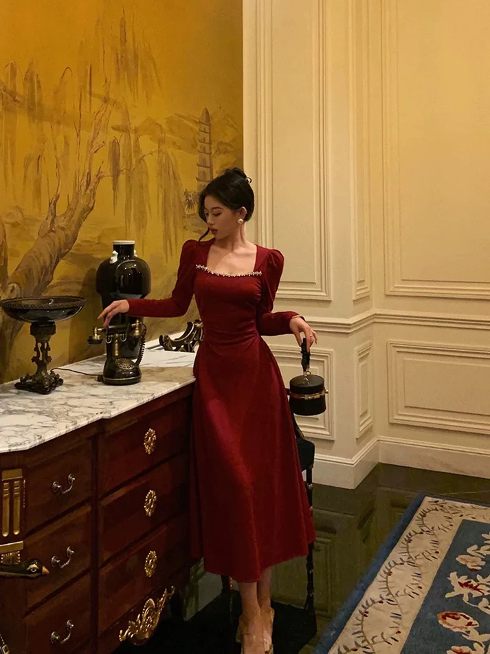 A line Square Neck Long Sleeves Red Evening Dresses Birthday Dress J6753