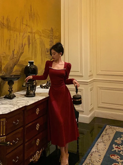 A line Square Neck Long Sleeves Red Evening Dresses Birthday Dress J6753