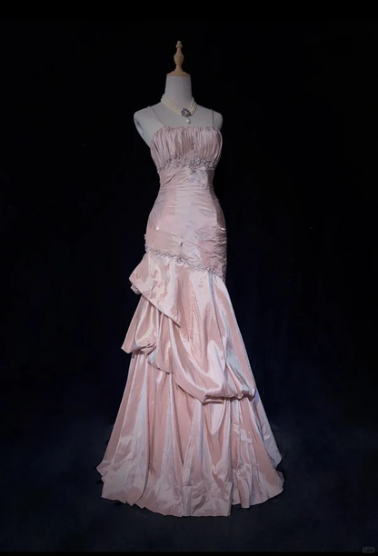 Robe de soirée sirène rose en satin et perles J6755