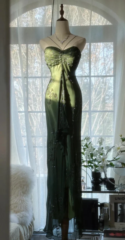 Vintage Green Spaghetti Straps Long Prom Dresses Beaded Party Dresses J6756