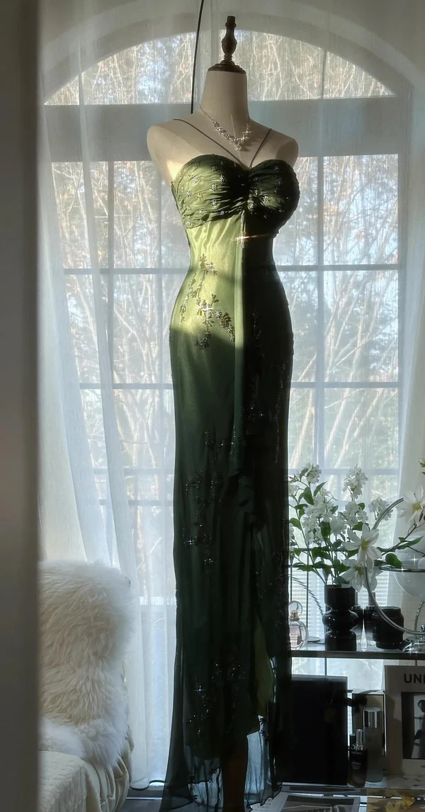 Vintage Green Spaghetti Straps Long Prom Dresses Beaded Party Dresses J6756