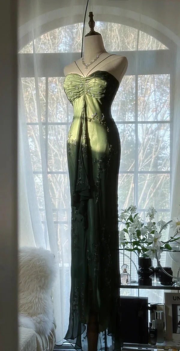 Vintage Green Spaghetti Straps Long Prom Dresses Beaded Party Dresses J6756