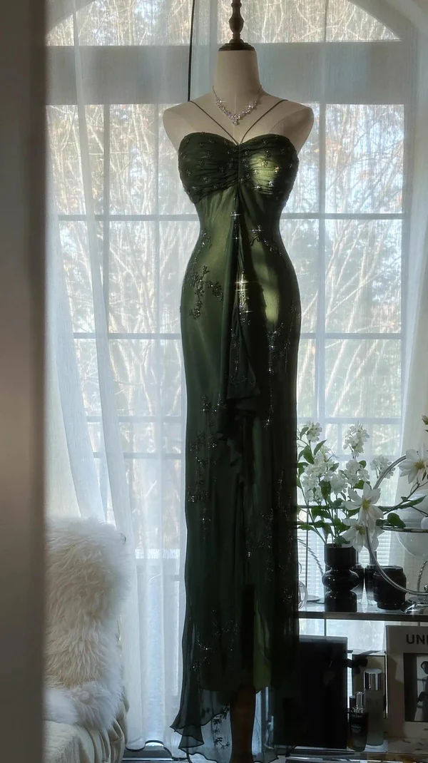 Vintage Green Spaghetti Straps Long Prom Dresses Beaded Party Dresses J6756