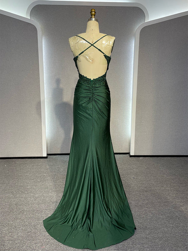 Rückenfreies grünes langes Ballkleid, elegantes Abendkleid mit Applikationen, J6757