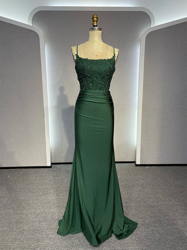 Rückenfreies grünes langes Ballkleid, elegantes Abendkleid mit Applikationen, J6757
