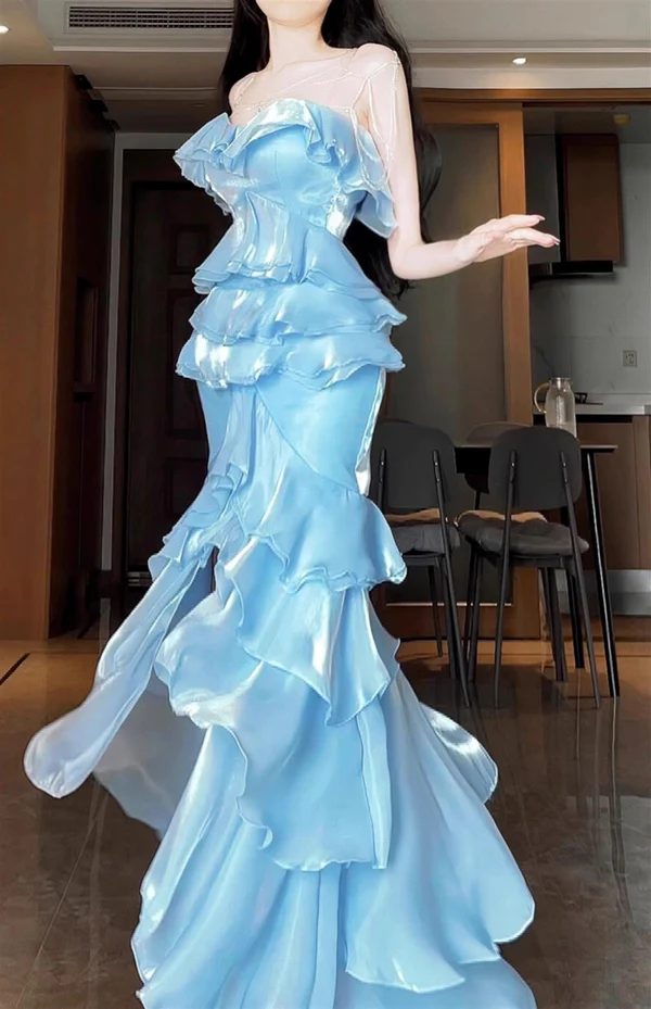 Robe de bal sirène bleue sans bretelles, longue et à volants, J6758