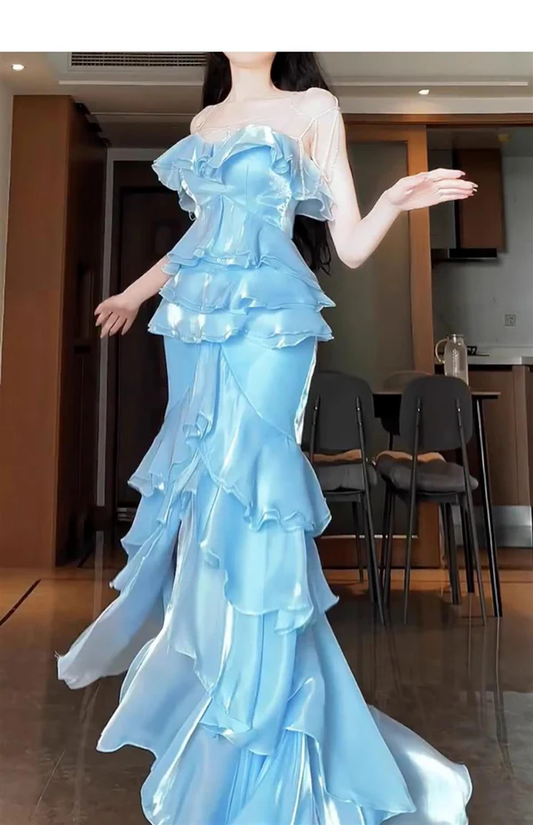 Blaues Meerjungfrau-Ballkleid mit trägerlosem, langem Rüschenmuster J6758