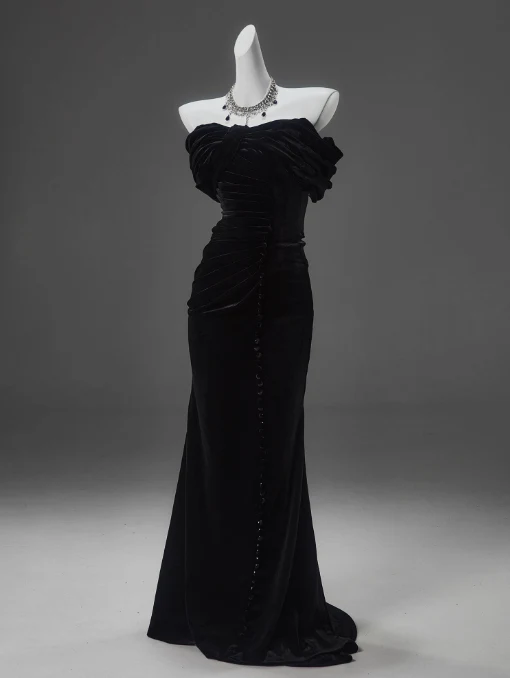 Schwarzes Meerjungfrau-Ballkleid aus schulterfreiem Samt, lang, J6759