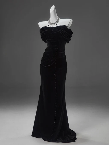 Schwarzes Meerjungfrau-Ballkleid aus schulterfreiem Samt, lang, J6759
