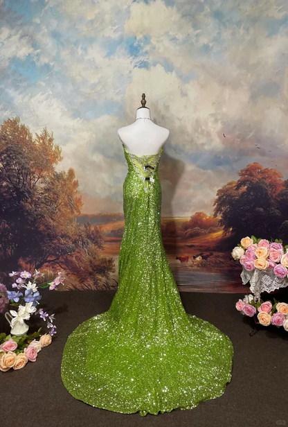 Robe de soirée longue bustier sirène à sequins verts J6761