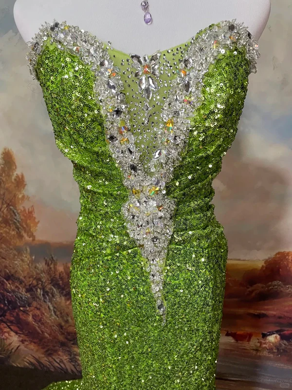 Robe de soirée longue bustier sirène à sequins verts J6761