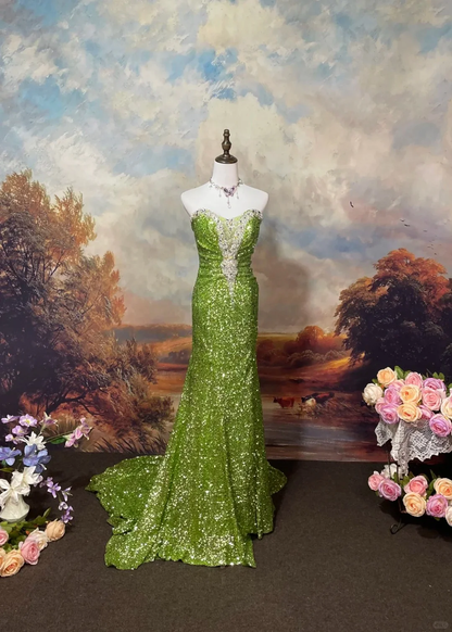 Robe de soirée longue bustier sirène à sequins verts J6761