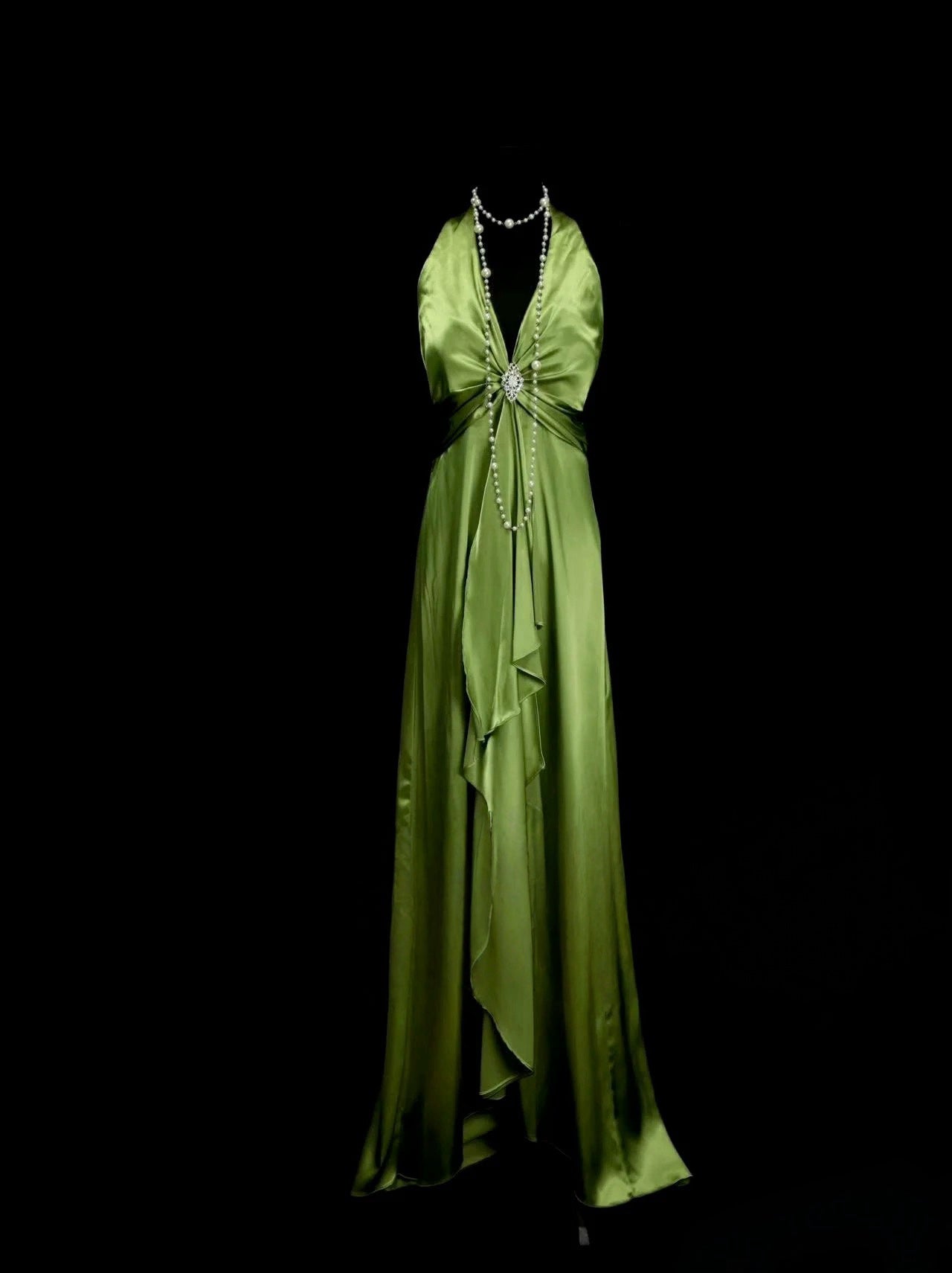 Halter Green Satin Long Prom Dress Elegant Evening Dress J7992